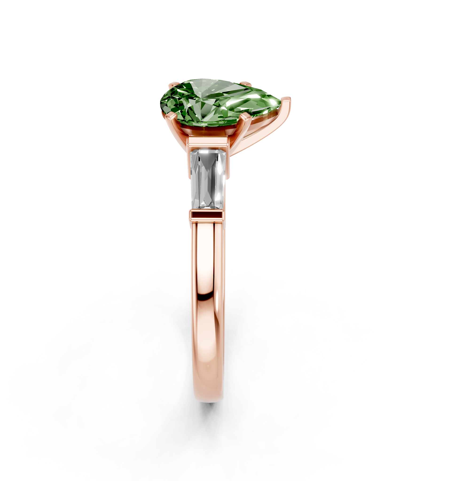 Rose gold Fancy Green Pear  Cut Diamond Solitaire Ring with Tapered Baguette Accents and Four-Prong Setting_4