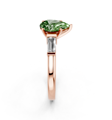 Rose gold Fancy Green Pear  Cut Diamond Solitaire Ring with Tapered Baguette Accents and Four-Prong Setting_4