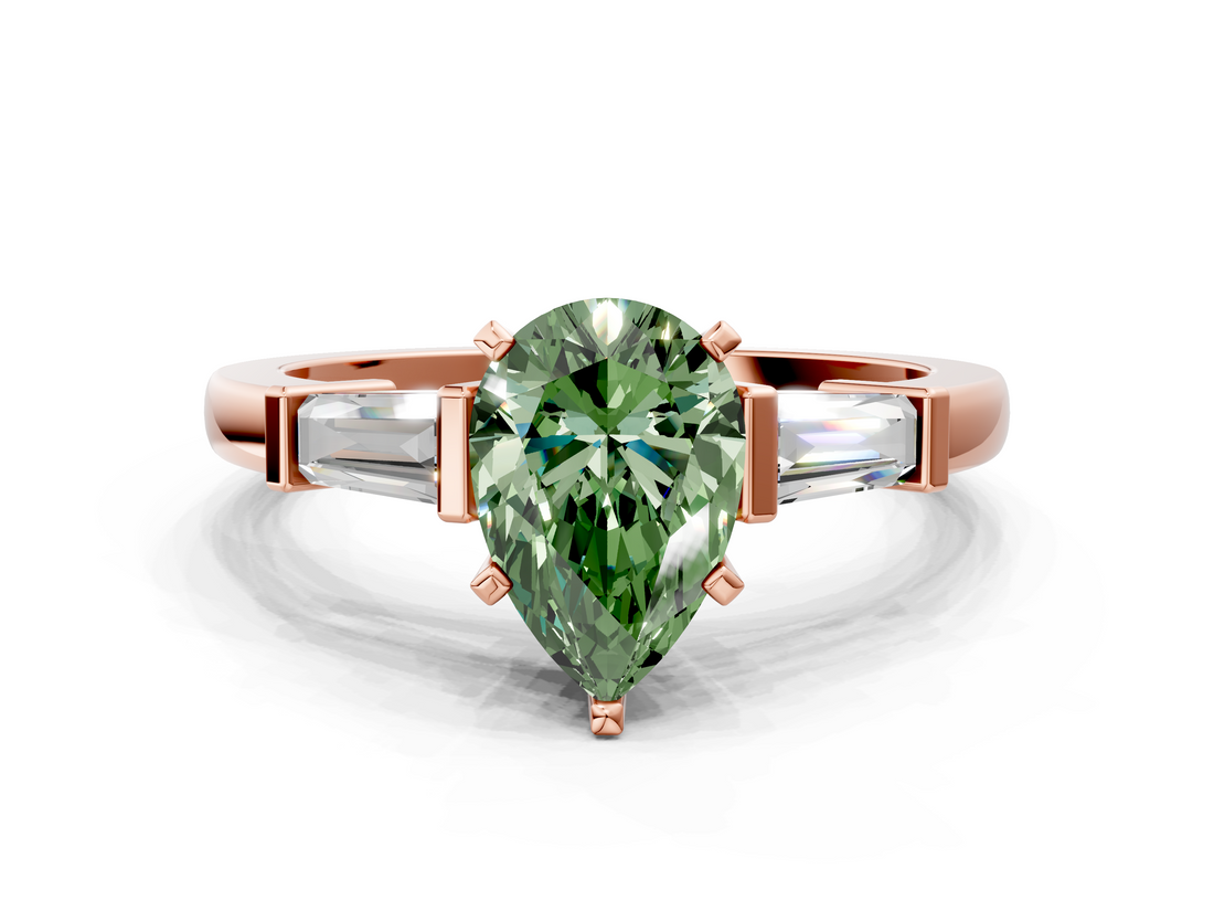 Rose gold Fancy Green Pear  Cut Diamond Solitaire Ring with Tapered Baguette Accents and Four-Prong Setting_75