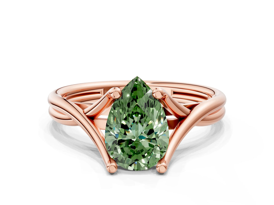 Rose gold Fancy Green Pear Cut Diamond Solitaire Twist Band Prong Setting Ring_55