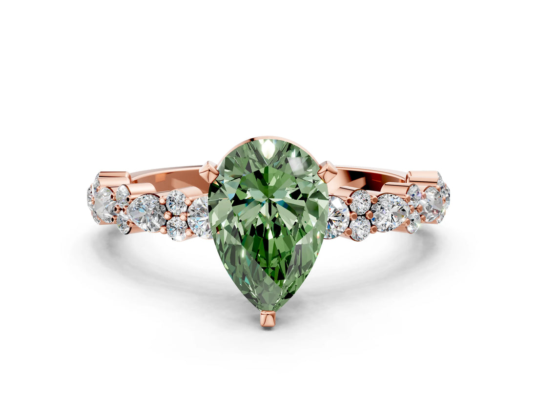 Rose gold Fancy Green Pear Cut Diamond Solitaire with Side Stones, Pave Band, Four-Prong Setting_71