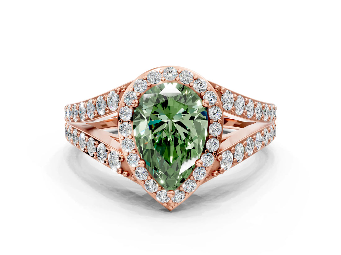 Rose gold Fancy Green Pear Cut Diamond Split Shank Halo Ring with Four-Prong Setting_64