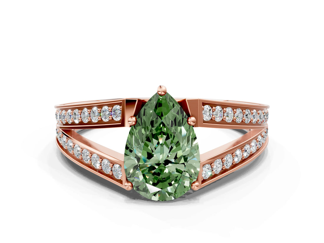 Rose gold Fancy Green Pear Cut Diamond Split Shank Ring with Pavé Band and Four-Prong Setting_44