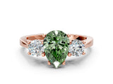 Rose gold Fancy Green Pear Cut Diamond Three-Stone Engagement Ring with Prong Setting and Pavé Band