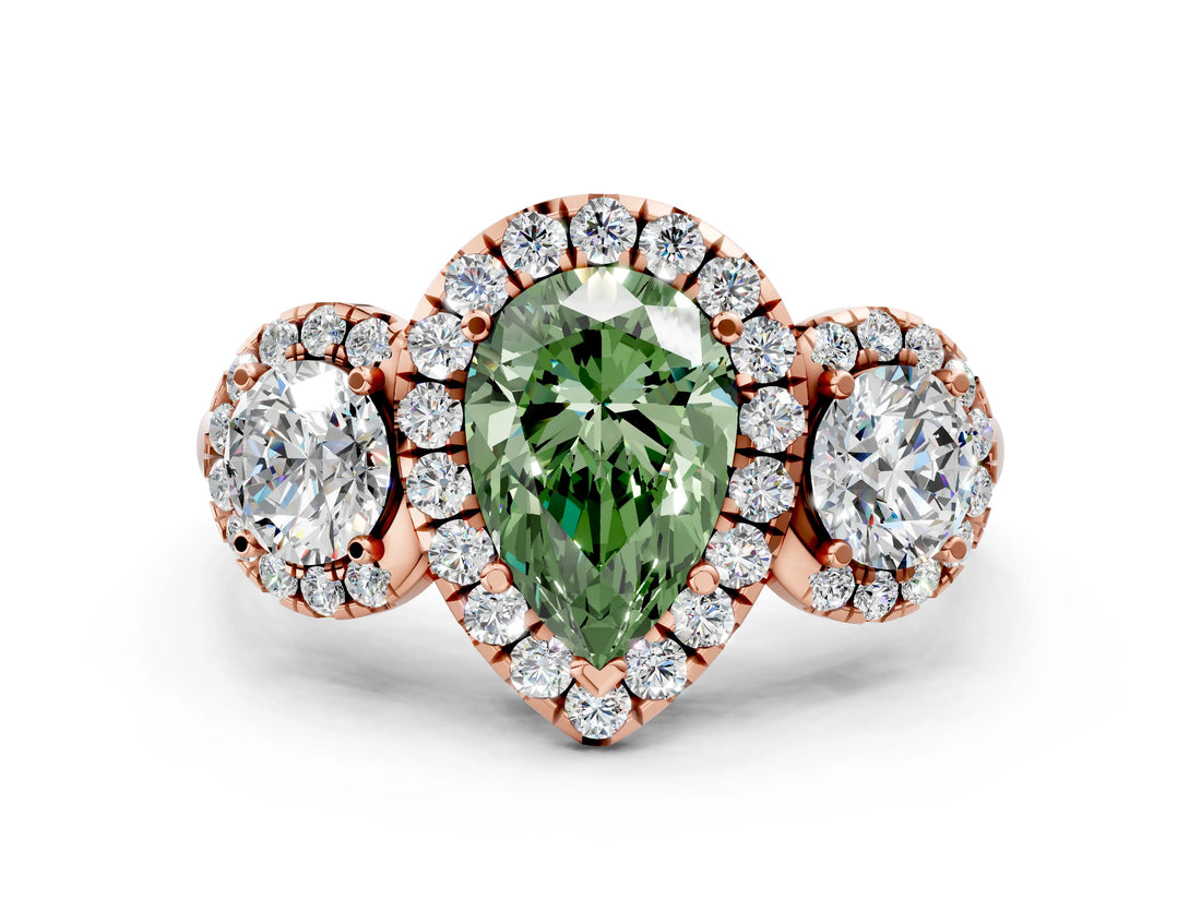 Rose gold Fancy Green Pear Cut Diamond Three-Stone Halo Ring with Prong Setting and Pavé Accents