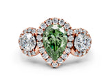 Rose gold Fancy Green Pear Cut Diamond Three-Stone Halo Ring with Prong Setting and Pavé Accents