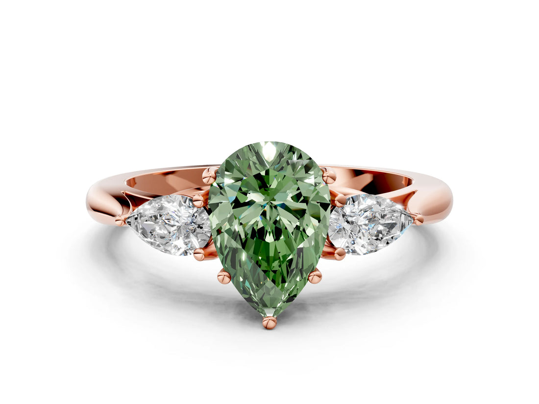 Rose gold Fancy Green Pear Cut Diamond Three-Stone Ring with Pear Side Stones and Four-Prong Setting_83