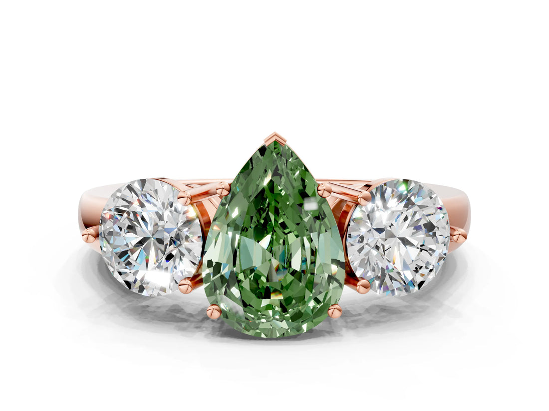 Rose gold Fancy Green Pear Cut Diamond Three-Stone Ring with Prong Setting and Classic Band_99