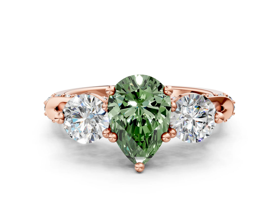 Rose gold Fancy Green Pear Cut Diamond Three-Stone Ring with Prong Setting and Pavé Band