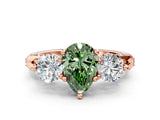 Rose gold Fancy Green Pear Cut Diamond Three-Stone Ring with Prong Setting and Pavé Band