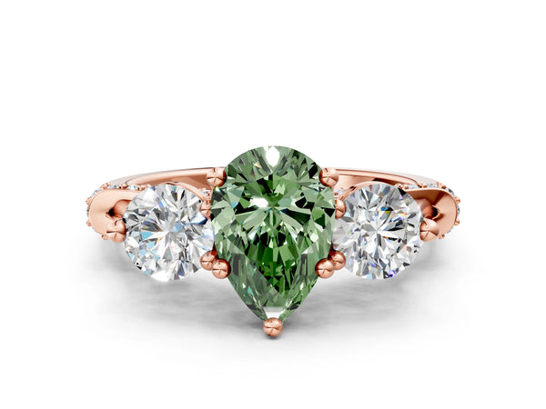 Rose Gold Pear-Shaped Curved Pave Three Stone Engagement Ring Setting for Fancy Green Center