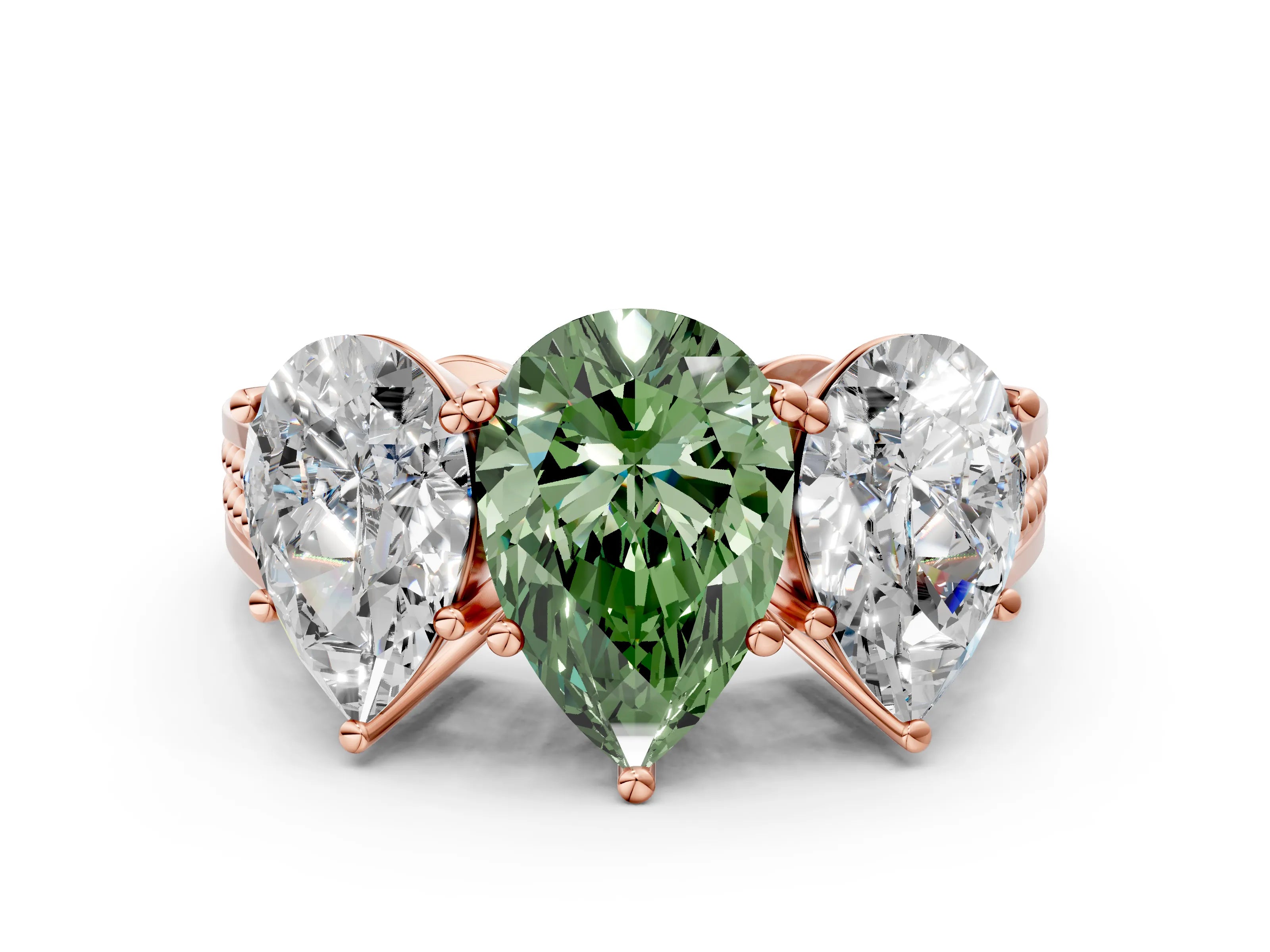 Rose gold Fancy Green Pear Cut Diamond Three-Stone Ring with Prong Setting and Textured Band