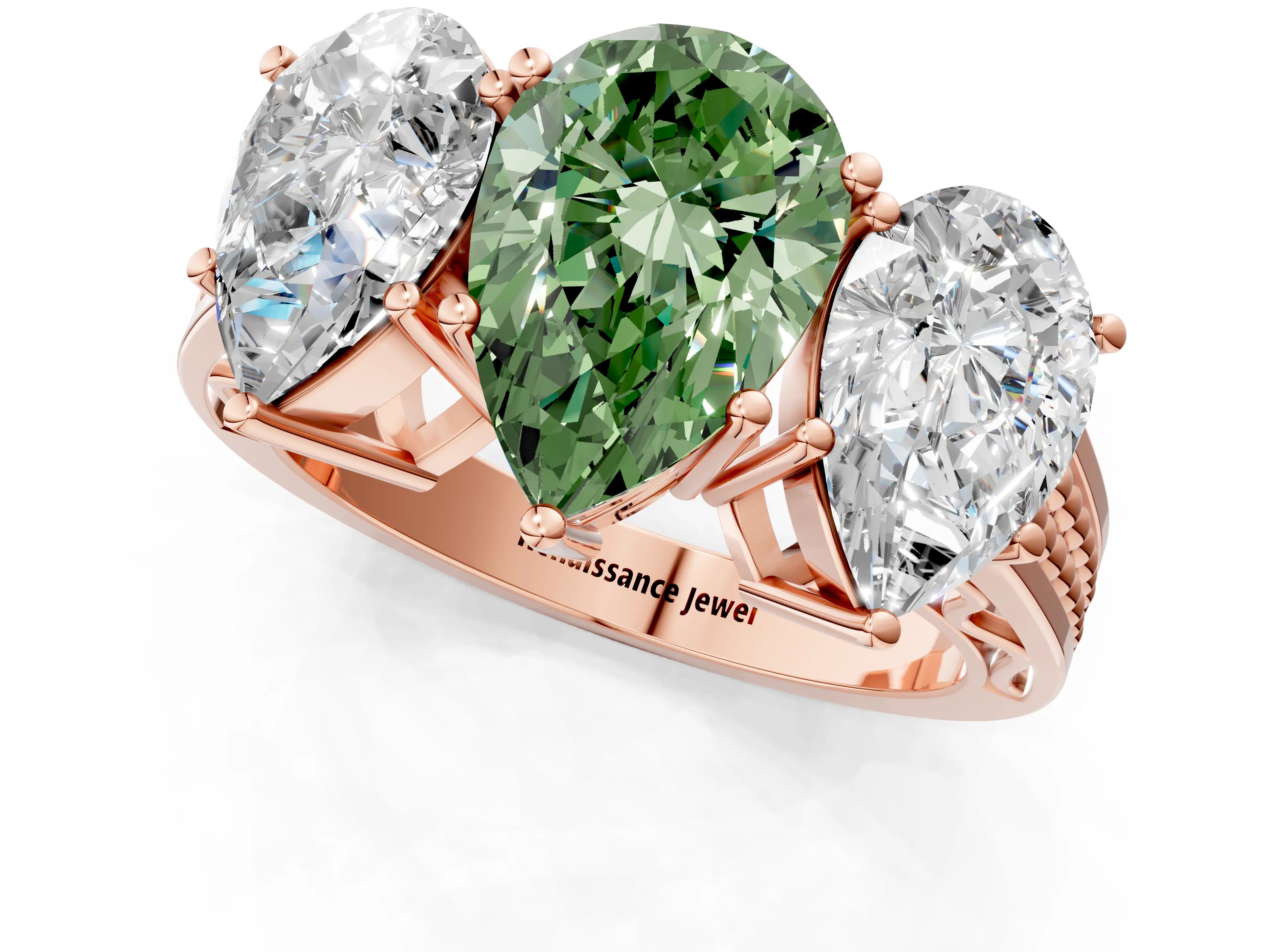 Rose gold Fancy Green Pear Cut Diamond Three-Stone Ring with Prong Setting and Textured Band_1