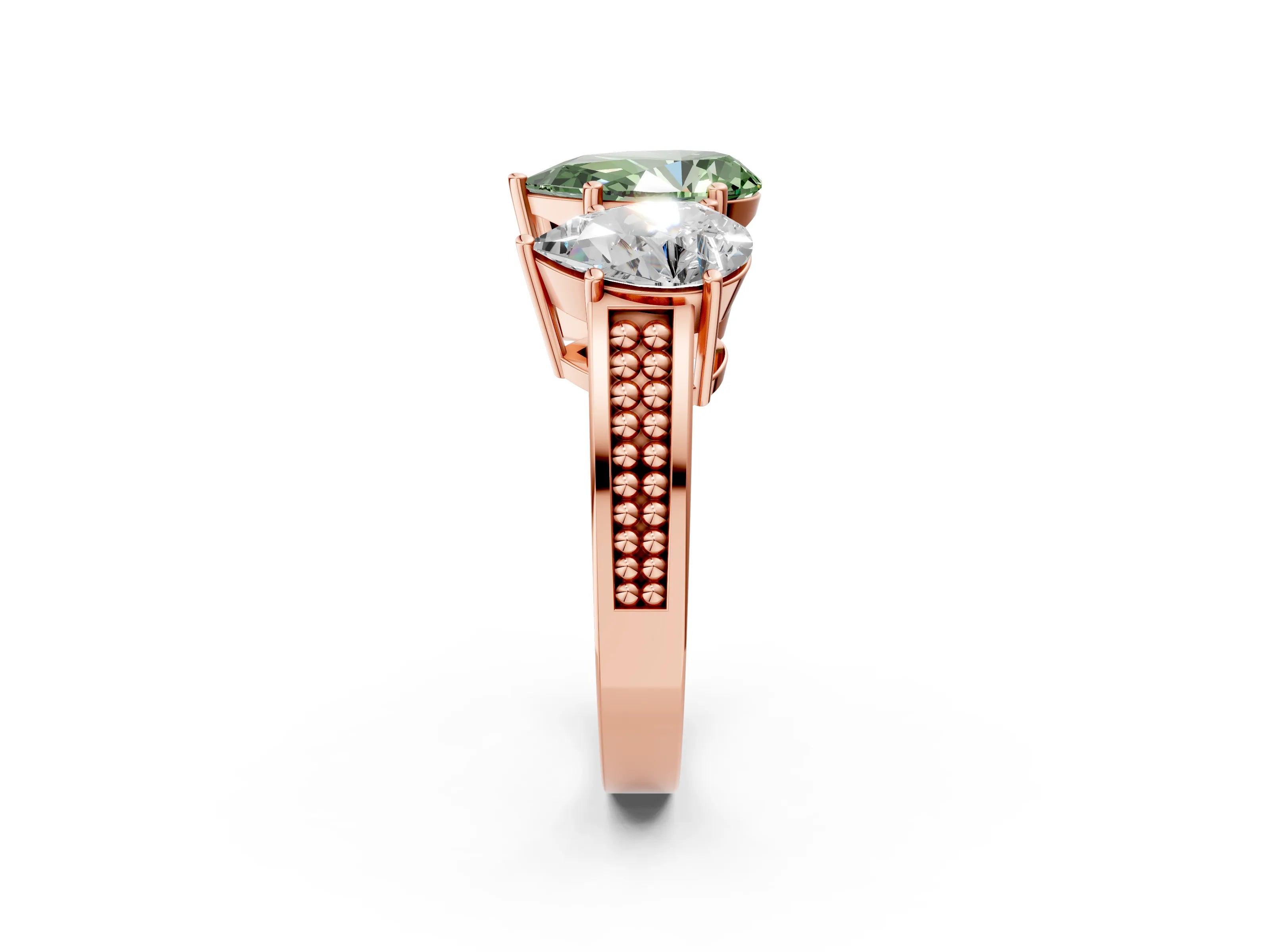 Rose gold Fancy Green Pear Cut Diamond Three-Stone Ring with Prong Setting and Textured Band_2