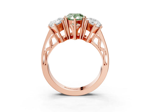 Rose gold Fancy Green Pear Cut Diamond Three-Stone Ring with Prong Setting and Textured Band_3
