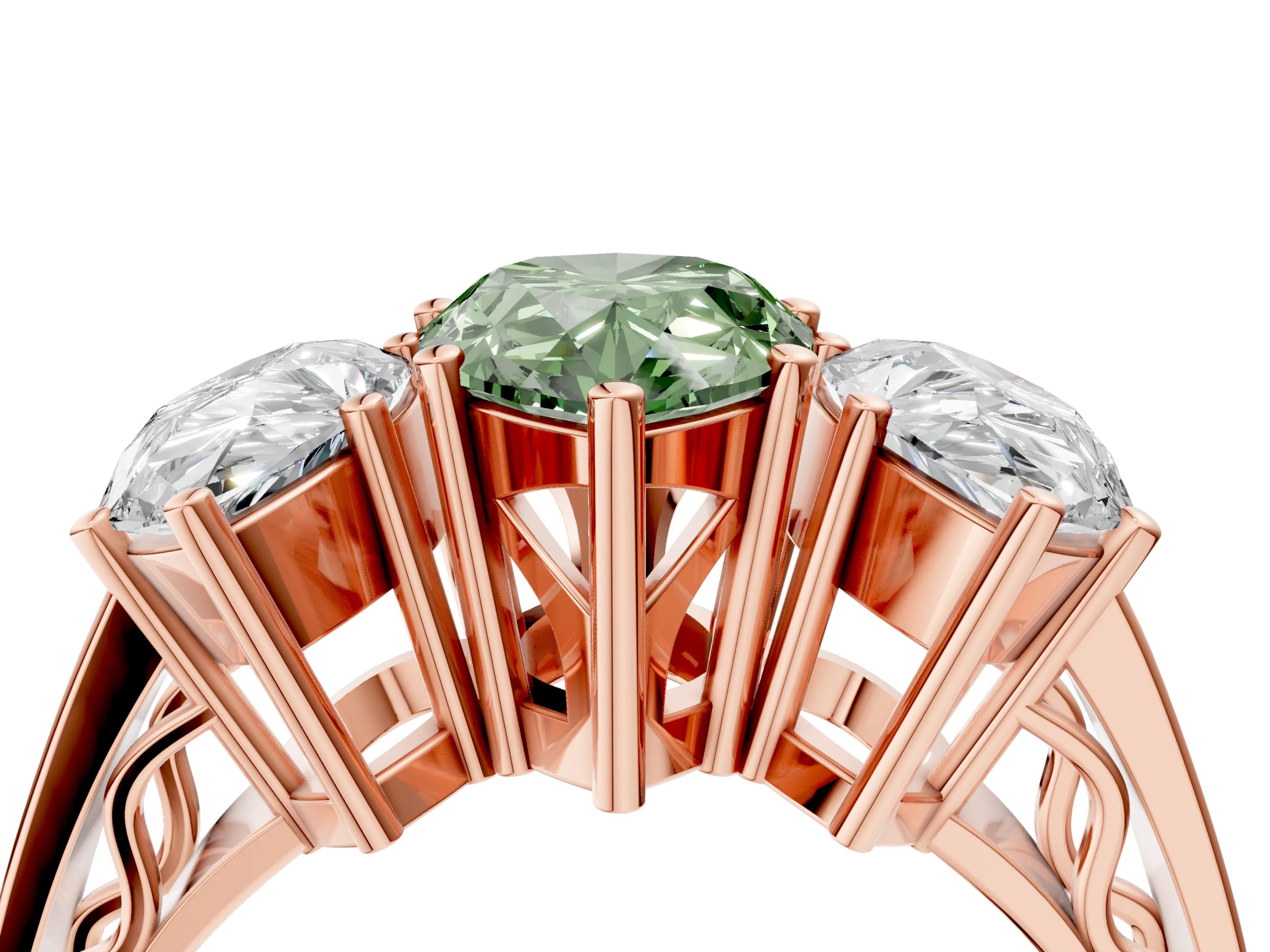 Rose gold Fancy Green Pear Cut Diamond Three-Stone Ring with Prong Setting and Textured Band_4