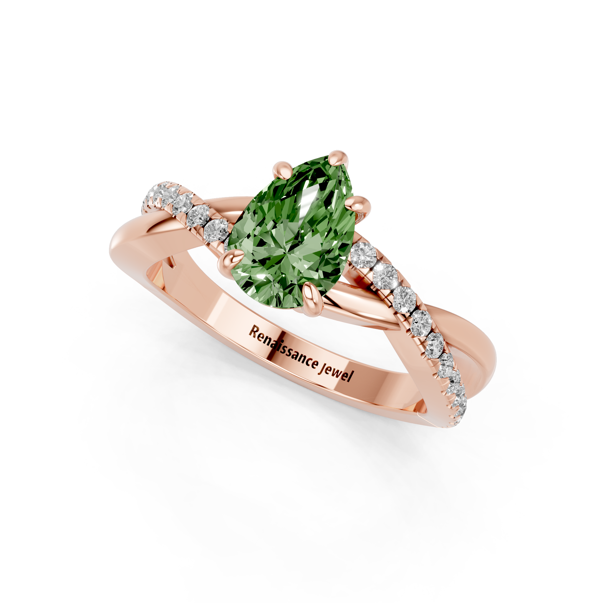Rose gold Fancy Green Pear  Cut Diamond Twist Band Solitaire with Prong Setting_3