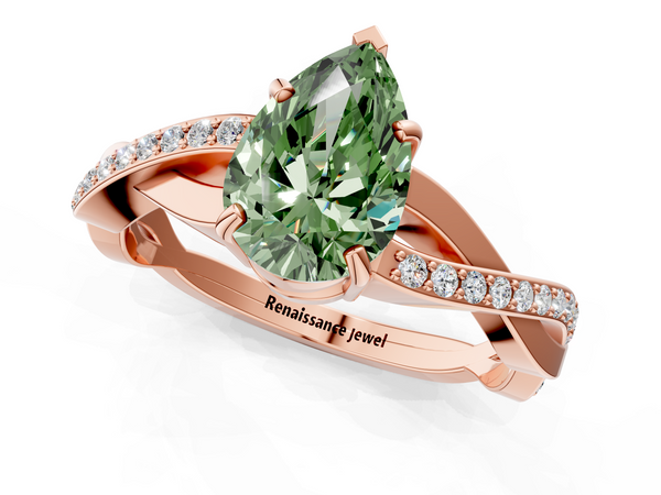 Rose gold Fancy Green Pear  Cut Diamond Twisted Band Engagement Ring with Prong Setting