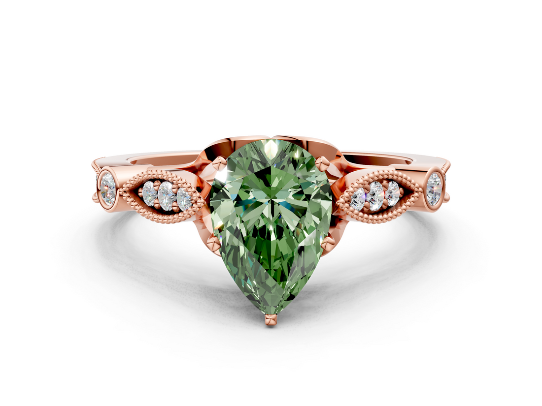 Rose gold Fancy Green Pear  Cut Diamond with Milgrain Marquise and Bezel Accents on a Solitaire Band with Prong Setting_205