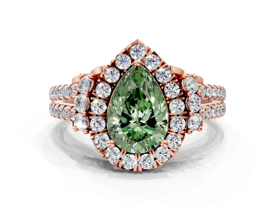 Rose gold Fancy Green Pear  Cut Double Halo Diamond Engagement Ring with Pave Band and Four-Prong Setting_26
