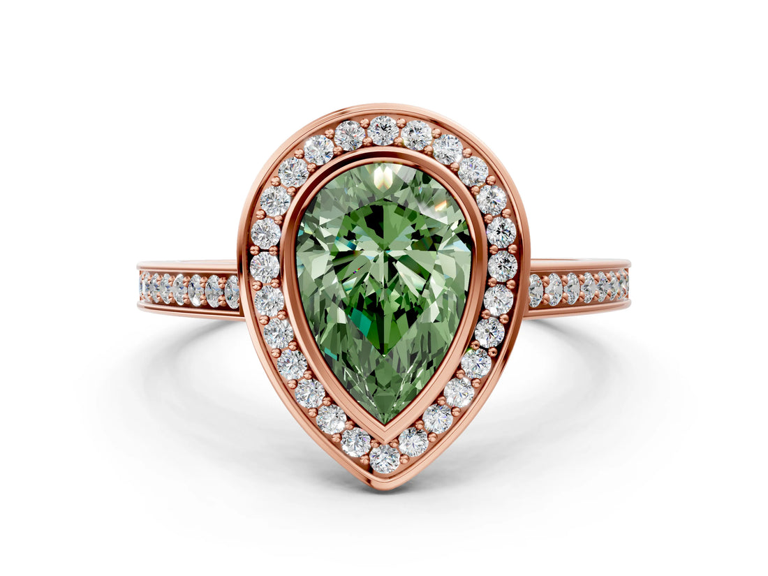 Rose gold Fancy Green Pear Cut Halo Bezel Diamond Pave Band Ring