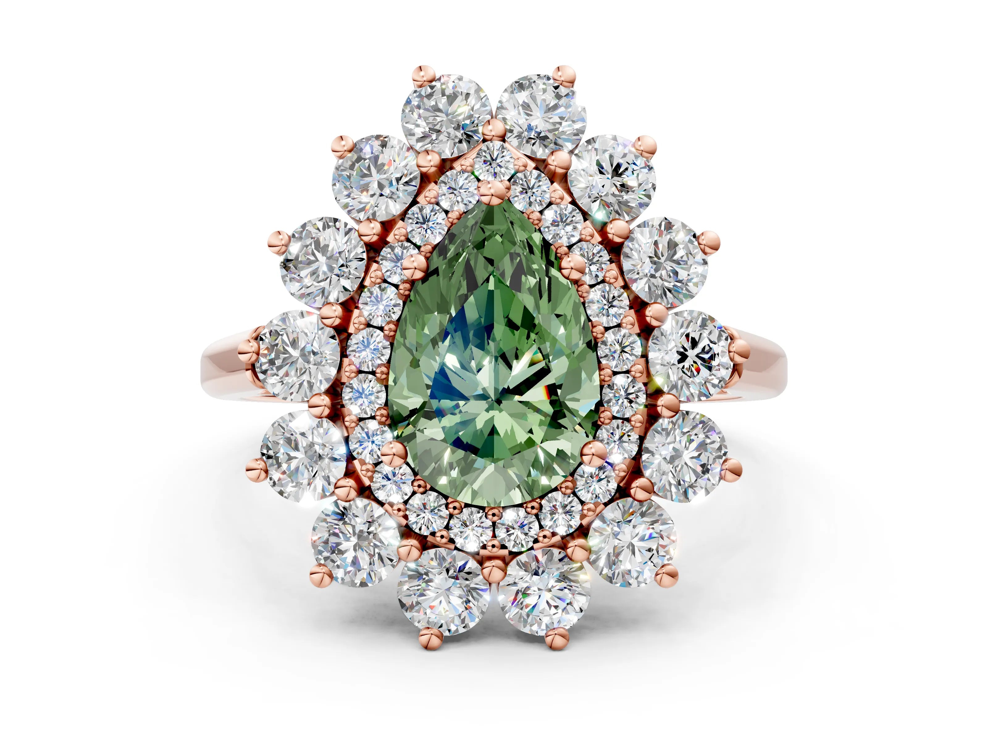 Rose gold Fancy Green Pear Cut Halo Cluster Diamond Ring with Pave Band and Four-Prong Setting