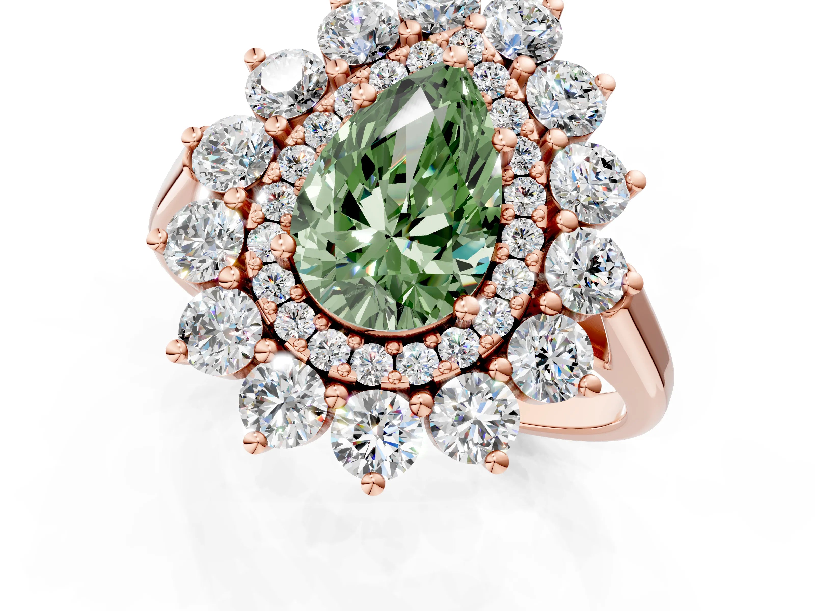 Rose gold Fancy Green Pear Cut Halo Cluster Diamond Ring with Pave Band and Four-Prong Setting_1