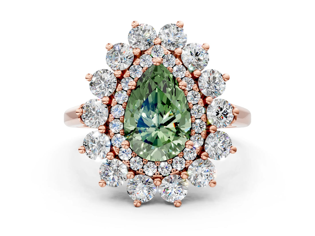 Rose gold Fancy Green Pear Cut Halo Cluster Diamond Ring with Pave Band and Four-Prong Setting_12