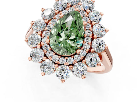Rose gold Fancy Green Pear Cut Halo Cluster Diamond Ring with Pave Band and Four-Prong Setting_13