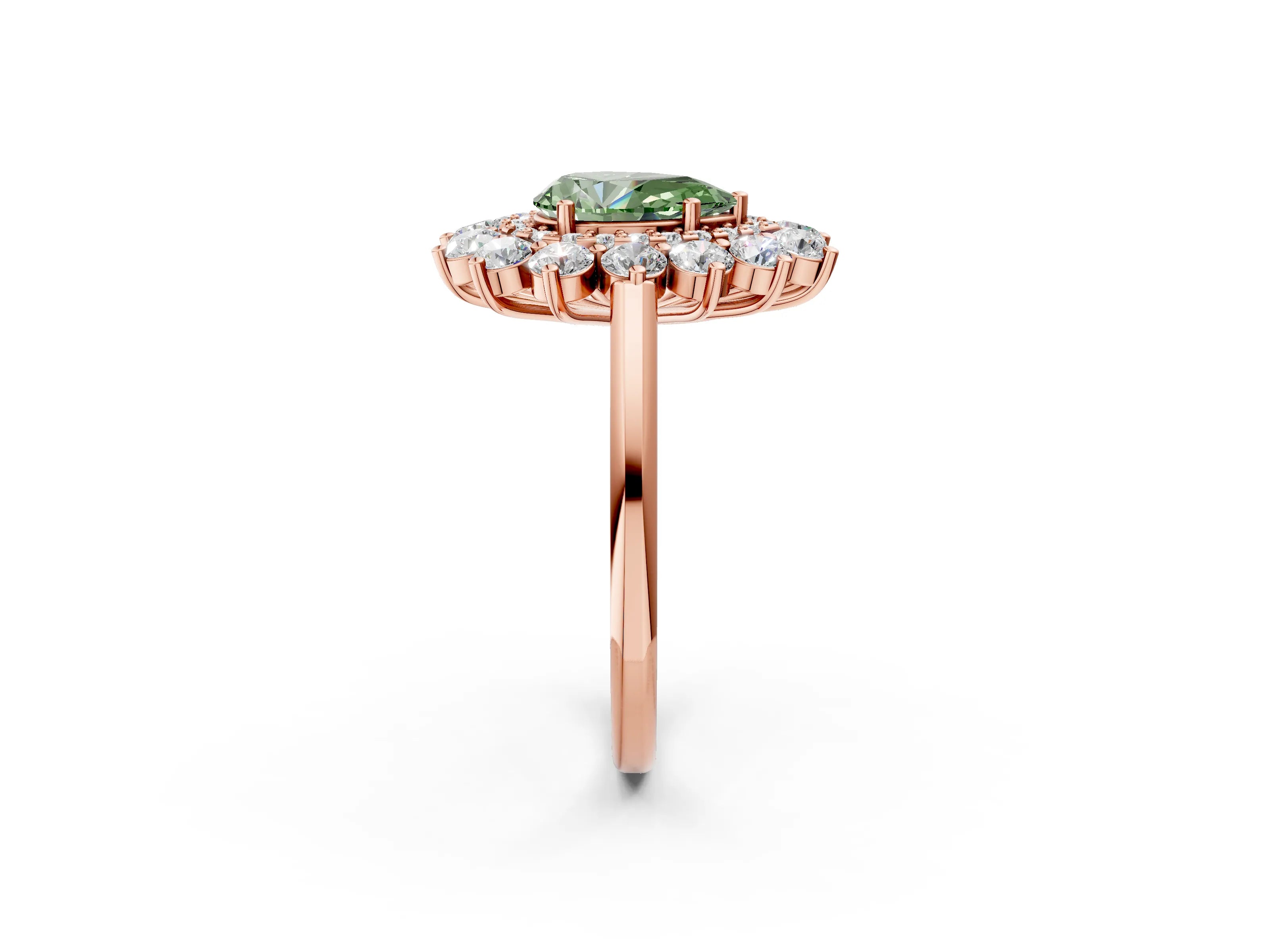 Rose gold Fancy Green Pear Cut Halo Cluster Diamond Ring with Pave Band and Four-Prong Setting_14