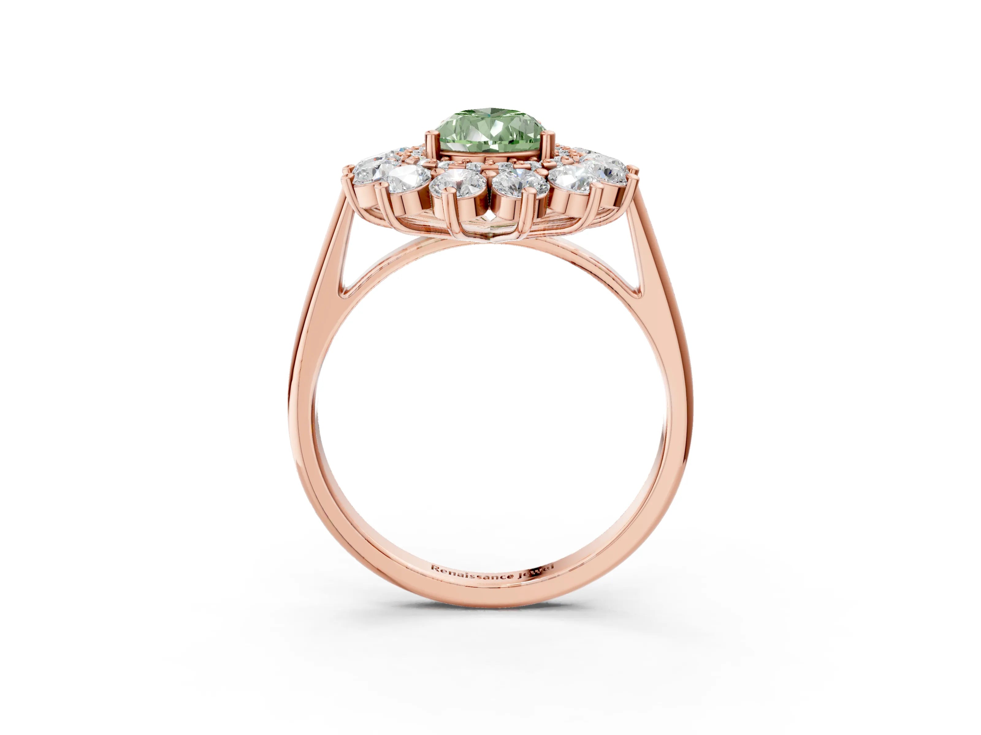 Rose gold Fancy Green Pear Cut Halo Cluster Diamond Ring with Pave Band and Four-Prong Setting_15