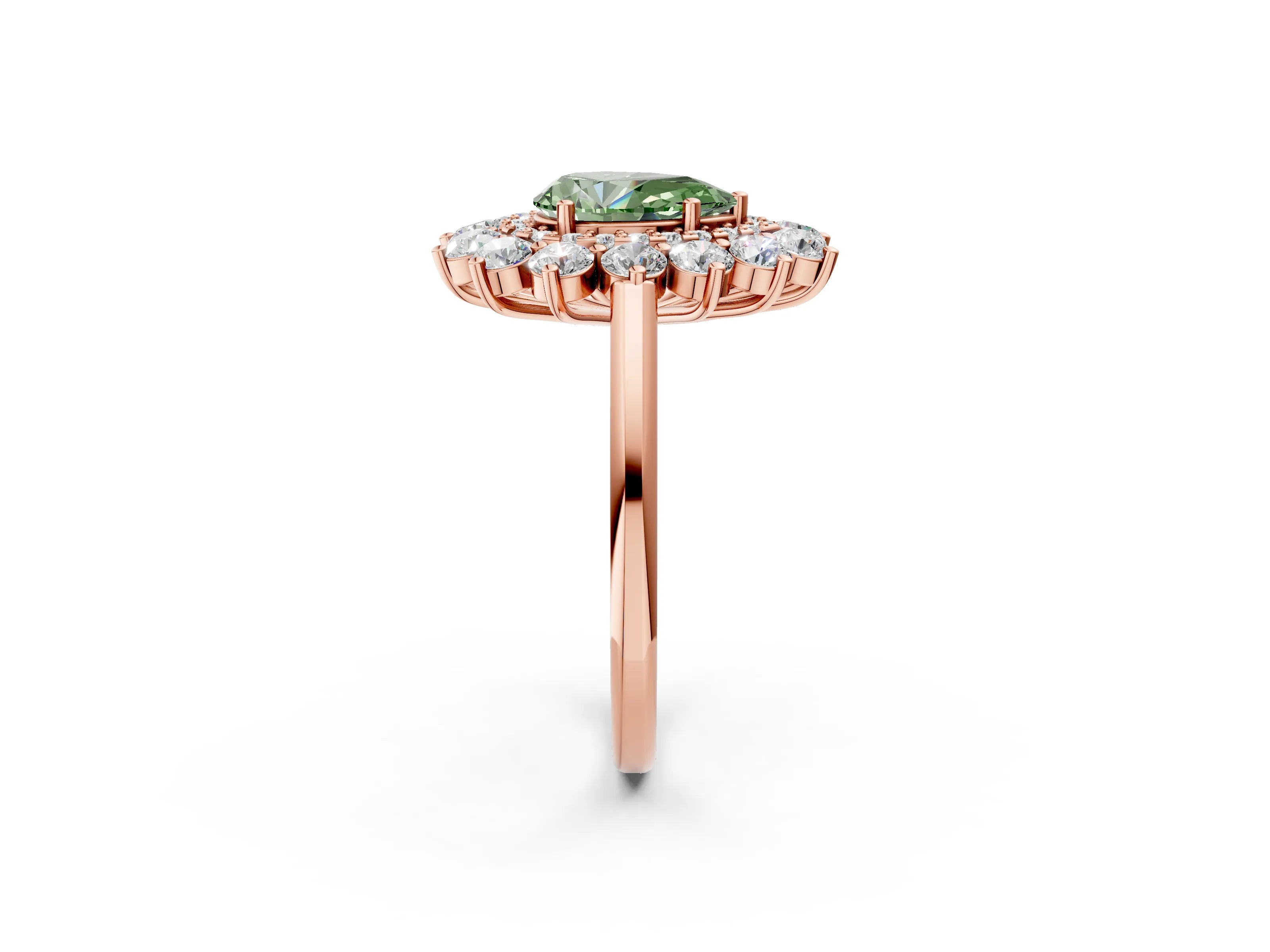 Rose gold Fancy Green Pear Cut Halo Cluster Diamond Ring with Pave Band and Four-Prong Setting_2