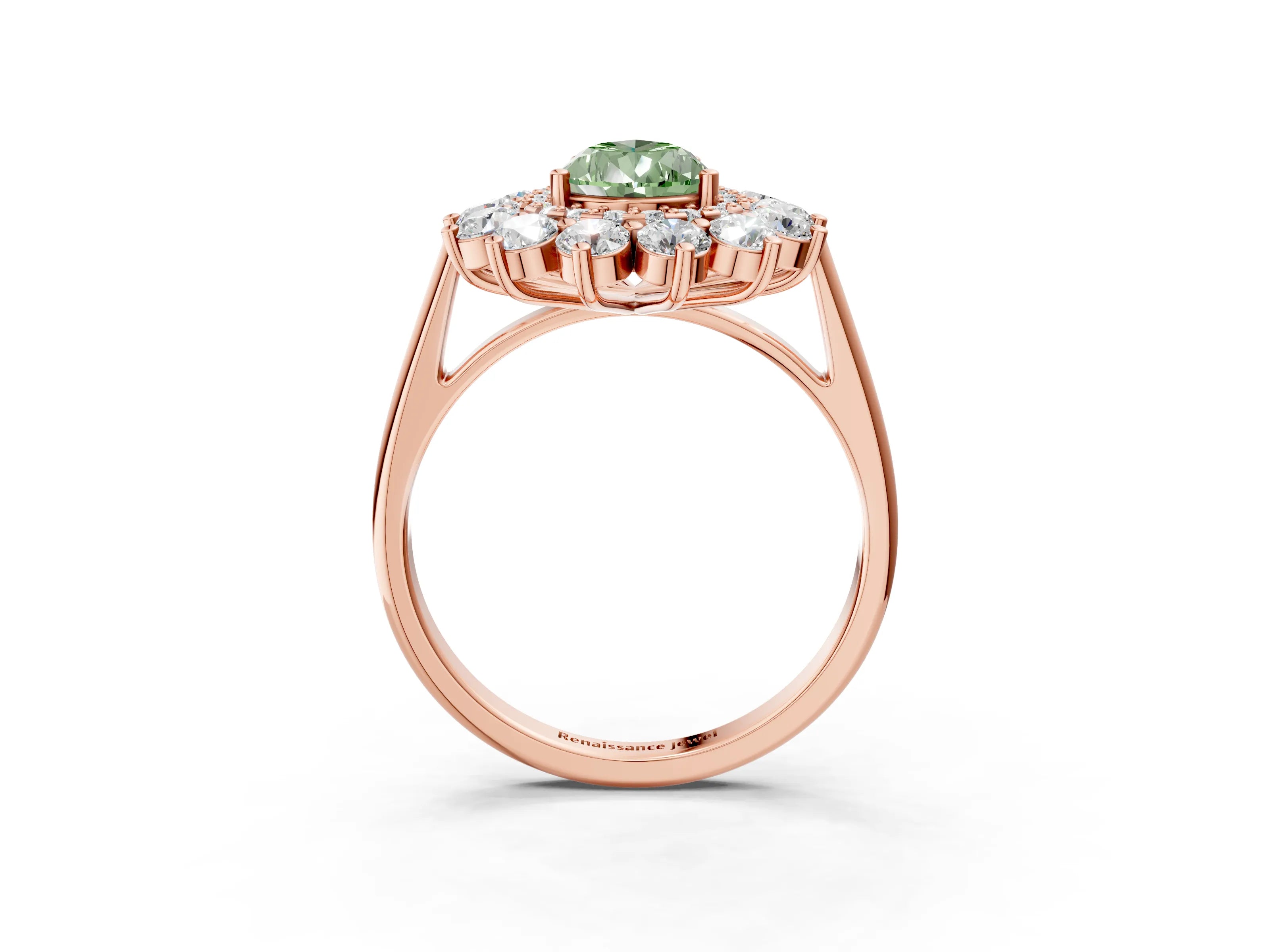 Rose gold Fancy Green Pear Cut Halo Cluster Diamond Ring with Pave Band and Four-Prong Setting_3