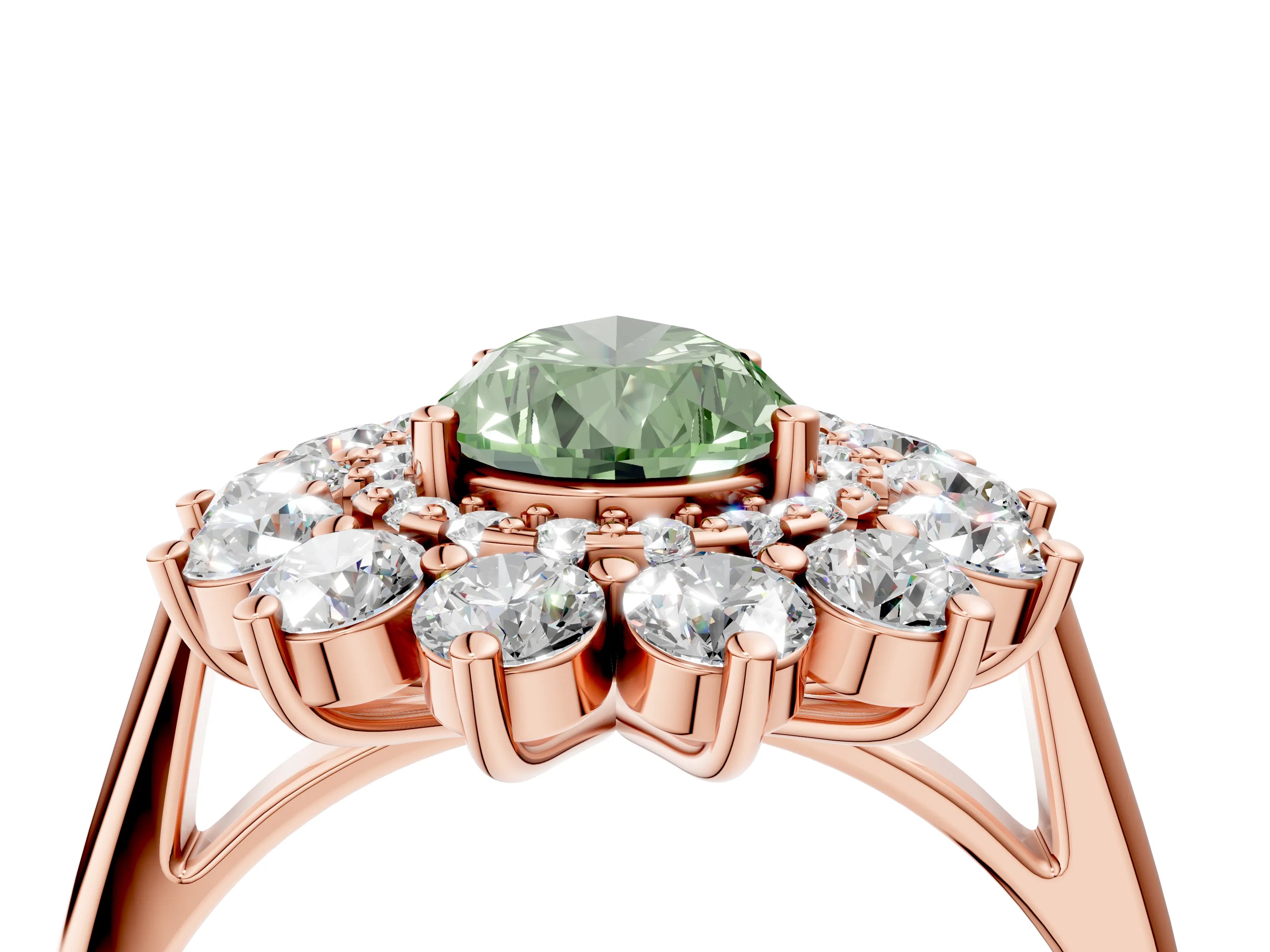 Rose gold Fancy Green Pear Cut Halo Cluster Diamond Ring with Pave Band and Four-Prong Setting_4