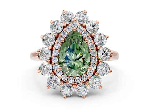 Rose gold Fancy Green Pear Cut Halo Cluster Diamond Ring with Pave Band and Four-Prong Setting