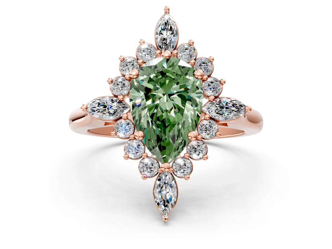 Rose gold Fancy Green Pear Cut Halo Diamond Cluster Ring with Marquise and Round Stones on a White Gold Band with Prong Setting