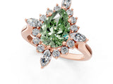 Rose gold Fancy Green Pear Cut Halo Diamond Cluster Ring with Marquise and Round Stones on a White Gold Band with Prong Setting_1