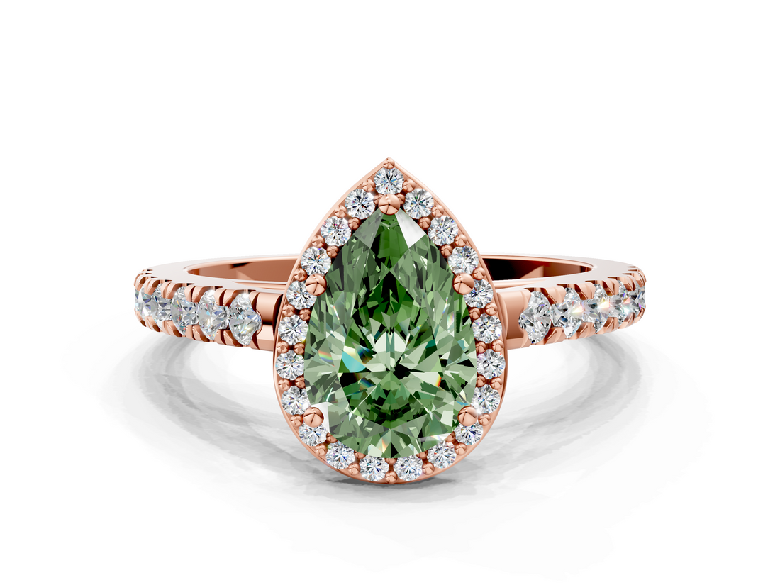 Rose gold Fancy Green Pear  Cut Halo Diamond Engagement Ring with Pave Band and Four-Prong Setting_28