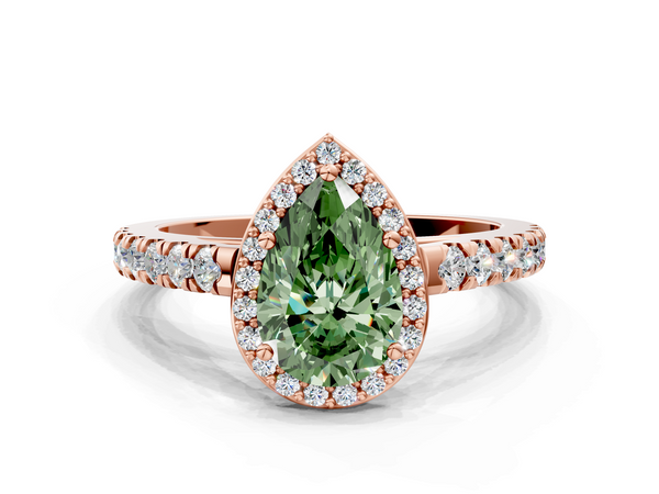 Rose gold Fancy Green Pear  Cut Halo Diamond Engagement Ring with Pave Band and Four-Prong Setting