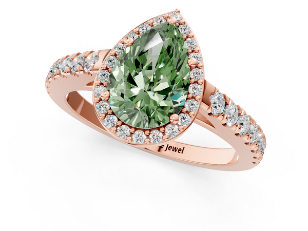 Rose gold Fancy Green Pear  Cut Halo Diamond Engagement Ring with Pave Band and Four-Prong Setting