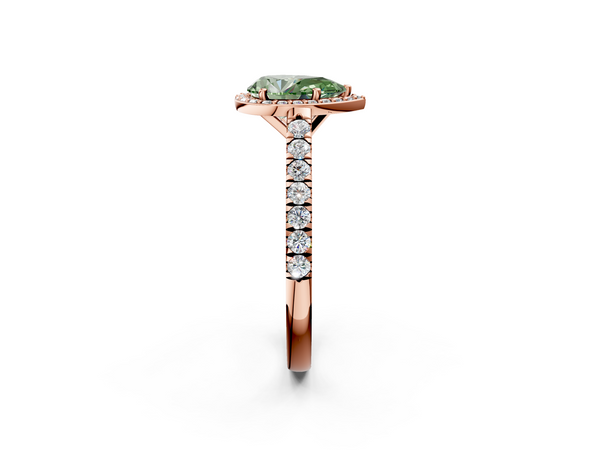 Rose gold Fancy Green Pear  Cut Halo Diamond Engagement Ring with Pave Band and Four-Prong Setting