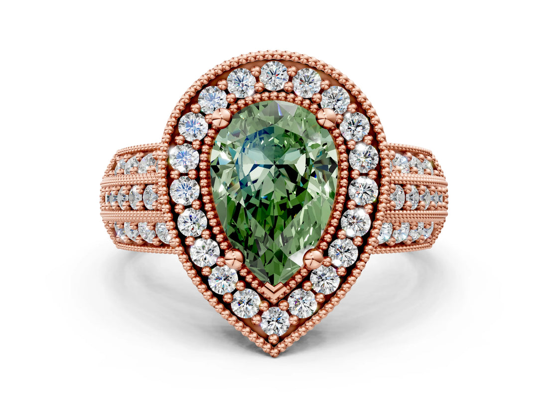 Rose gold Fancy Green Pear Cut Halo Diamond Engagement Ring with Pave Split Shank and Four-Prong Setting