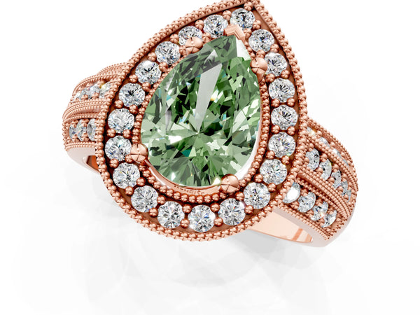 Rose gold Fancy Green Pear Cut Halo Diamond Engagement Ring with Pave Split Shank and Four-Prong Setting