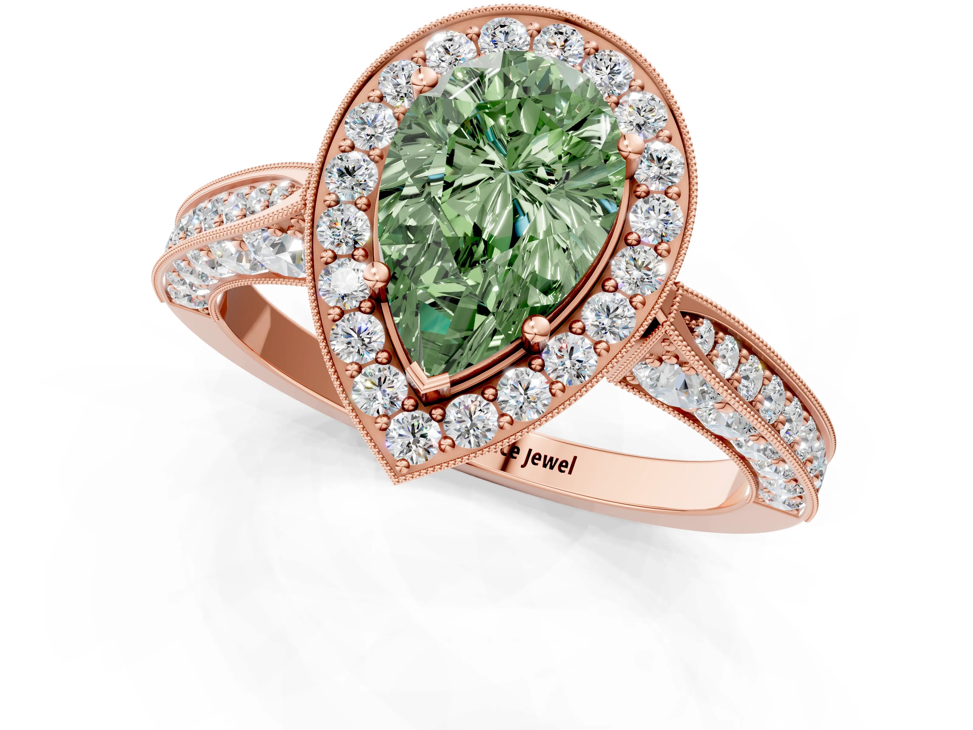 Rose gold Fancy Green Pear Cut Halo Diamond Engagement Ring with Split Shank Band and Four-Prong Setting_1
