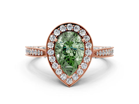 Rose gold Fancy Green Pear Cut Halo Diamond Engagement Ring with Split Shank Band and Four-Prong Setting