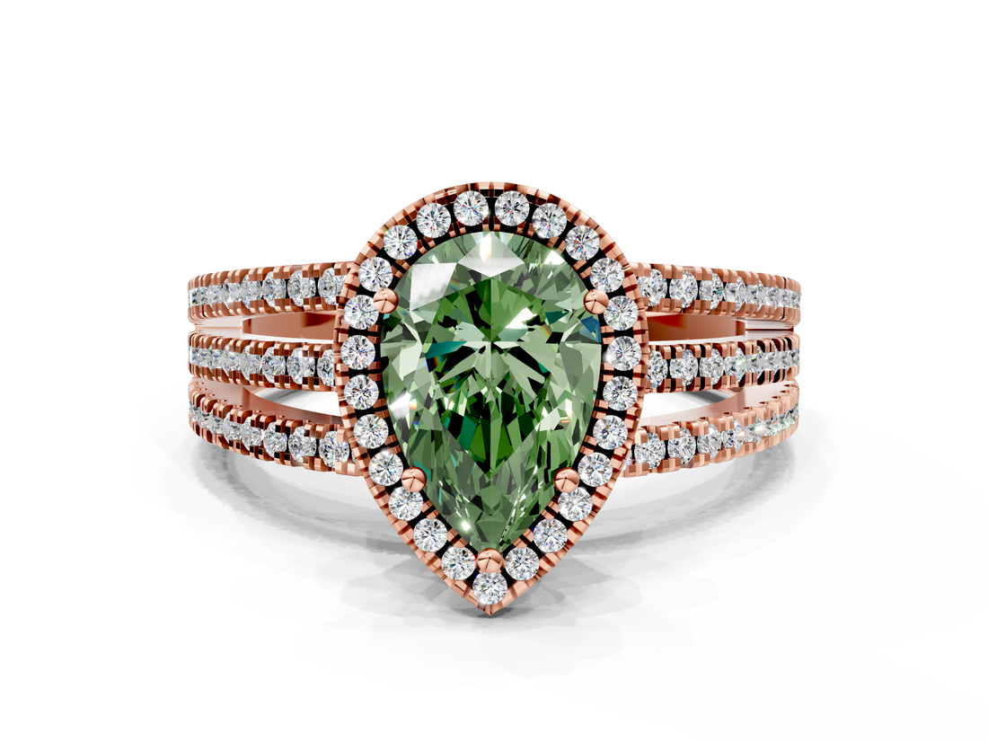 Rose gold Fancy Green Pear  Cut Halo Diamond Engagement Ring with Split Shank and Four-Prong Setting_53