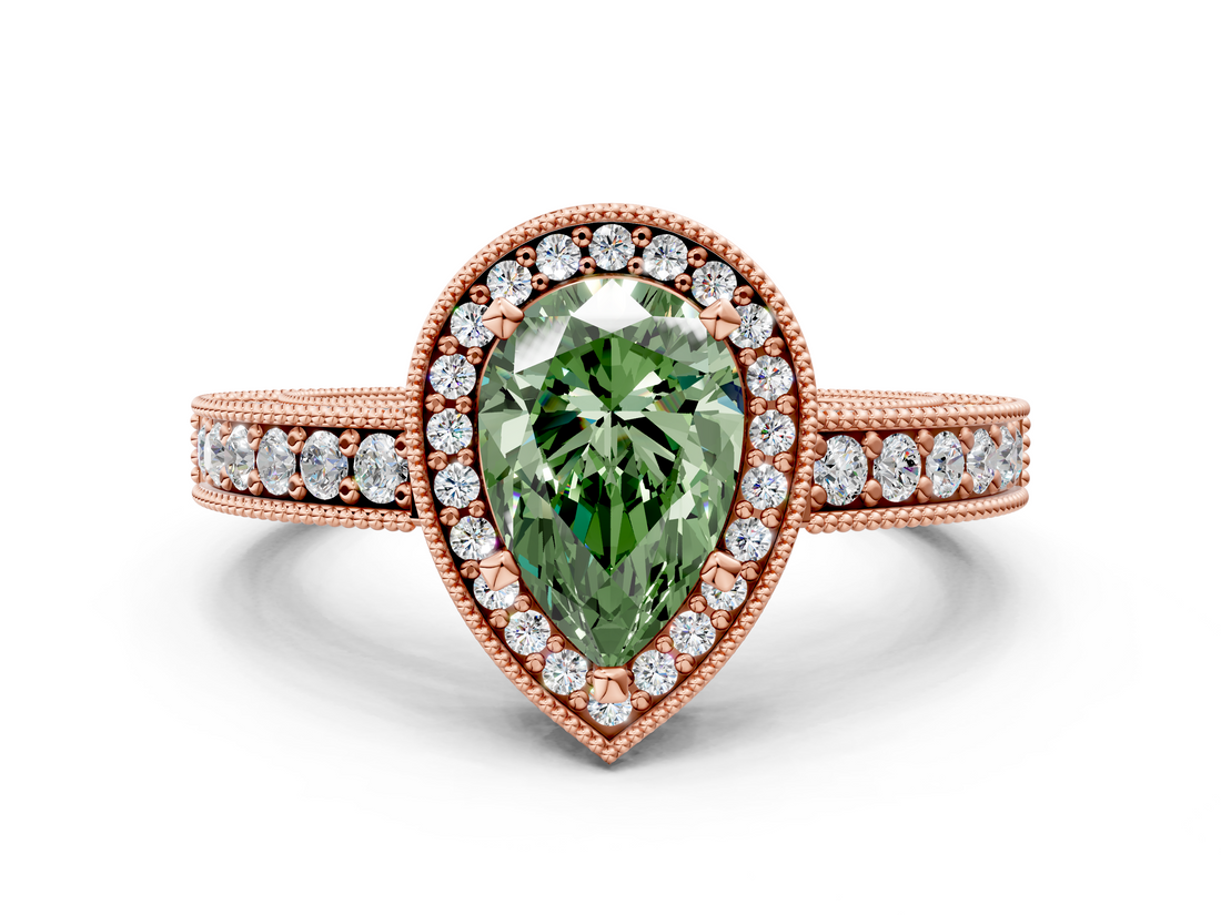 Rose gold Fancy Green Pear  Cut Halo Diamond Pave Band Ring with Four-Prong Setting_44