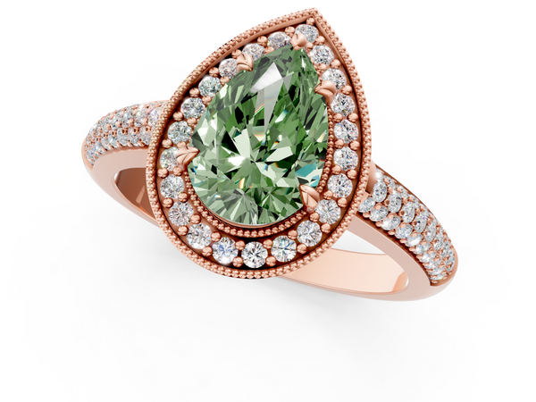 Rose gold Fancy Green Pear  Cut Halo Diamond Pave Band with Four-Prong Setting