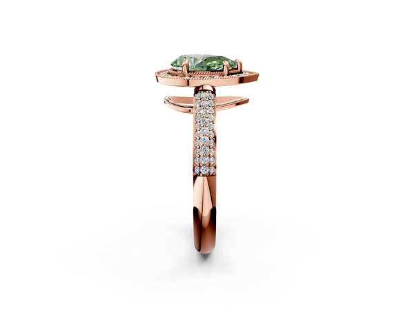 Rose gold Fancy Green Pear  Cut Halo Diamond Pave Band with Four-Prong Setting