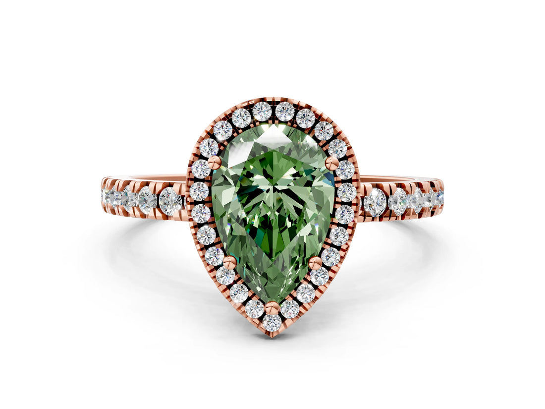 Rose gold Fancy Green Pear Cut Halo Diamond Pave Band with Prong Setting